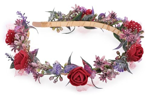 Blumenkranz Haare Elfenohren Elfen Feen Kostüm Damen Frauen Rotes Blumenkranz Kopfbinde Spitze Schaum Haarbinde Rose Blumendekoration Faschingskostüme Karneval Geeignet für Hochzeiten Party