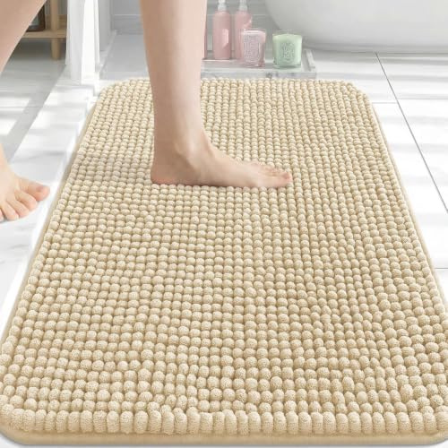 Homaxy Saugfähiger Dicker Chenille Badteppich 51×76 cm, Beige | Weich, Bequem, Rutschfest, TPR-Rückseite, Maschinenwaschbar, Badezimmerteppich, Badematte, Duschvorleger für Badezimmer