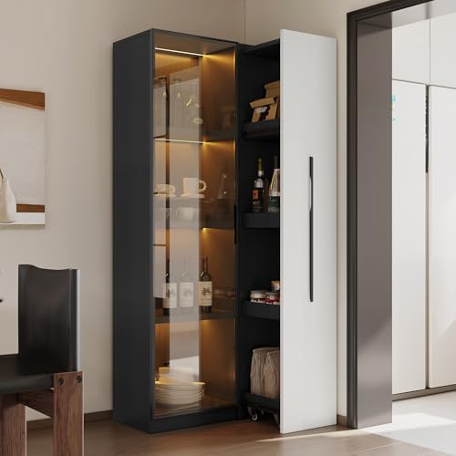 Merax Bücherschrank mit Glastüren, Multifunktionsschrank mit Rollschrank, Vitrinenschrank Stehend, Glasvitrine mit LED-Beleuchtung und Schienenauszug-Regalenücherregal, Schwarz + Weiß, 70x40x160 cm
