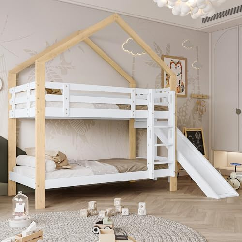 HUQIQWE Lit Superposé 90x200 avec Toboggan, Lit Cabane en Bois, Lit en Hauteur avec Barrière Anti-Chute, Échelle D’Angle 3 Marches, Sommier Inclus, pour Chambre