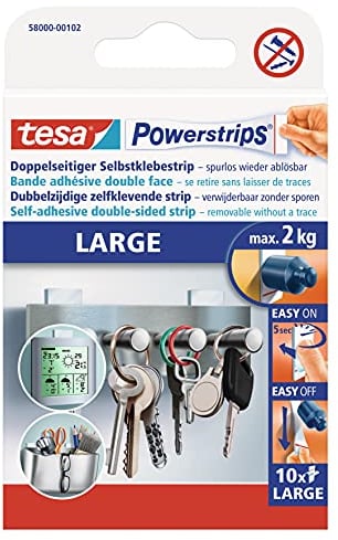 tesa Powerstrips Large - Doppelseitige Klebestreifen zur Montage von Gegenständen auf glatten Oberflächen - Bis zu 2 kg Halteleistung - 10er Pack Powerstrips