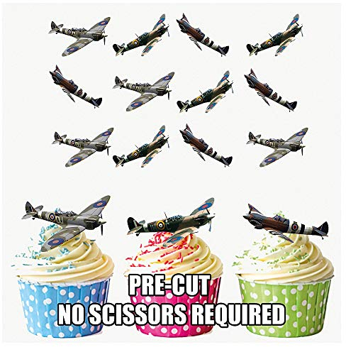 AK Giftshop PRE-CUT Spitfires D Day - Edible Cupcake Toppers/Cake Decorations (Pack of 12)