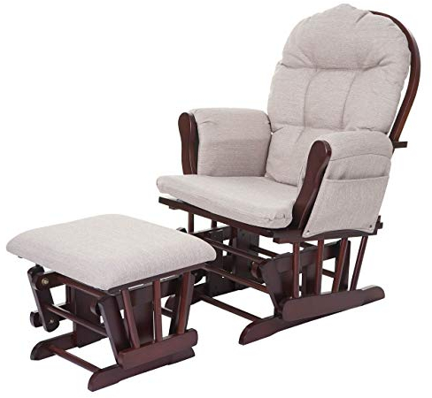 Mendler Relaxsessel HWC-C76, Schaukelstuhl Sessel Schwingstuhl mit Hocker - Stoff/Textil, Creme-grau, Gestell braun