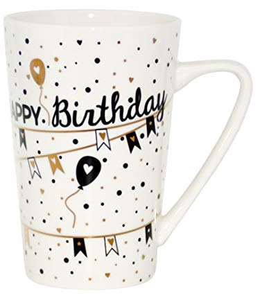 Jumbotasse Becher XXL Sprüchetasse 400 ml aus Porzellan Trinkbecher Smoothie Becher Geschenk Büro Tasse für Kaffee Teetasse Cappuccino Kaffeebecher Jumbo-Tasse Riesentasse (Happy Birthday weiß)