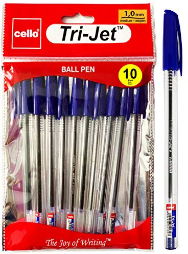 Cello Tri-Jet Ballpoint Pens Extra Grip Medium Point Biros (1.0 mm) - Blue Pens, Pack Of 10
