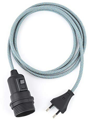 1.8m Plug-In Lampe LEINEN-BLAU, Textilkabel mit Lampenfassung aus Thermoplast (TEILGEWINDEMANTEL) mit Schalter und Eurostecker