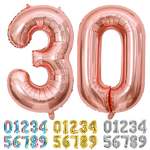 Ponmoo Luftballons Zahlen 30 Rosegold, Riesen Nummer 0 1 2 3 4 5 6 7 8 9 10-19 20-29 30-39 40 50 60 70 80 90 100, groß Folienballons für Hochzeit Jubiläum, Geburtstagsballons Party Dekoration