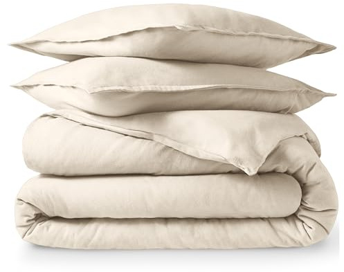 Bare Home Flannel Duvet Cover Set - Queen - 100% Cotton, Velvety Soft Heavyweight Premium Flannel, Double Brushed - Includes Sham Pillow Covers (Queen, Sand)