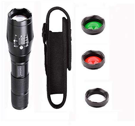 LlysColors 5 Modus Zoombar Taschenlampe Rot / Grün / Weißlicht LED Taschenlampe Fackel mit Magnet für Outdoor, Camping, Nachtfischen, Notfälle(Mit Magnet und Holster )