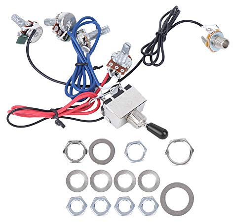 500K 2V2T1J Potenciómetro de guitarra eléctrica Conjunto de arnés de cableado de guitarra precableado Toma de interruptor de 3 vías para piezas de guitarra eléctrica(Negro)