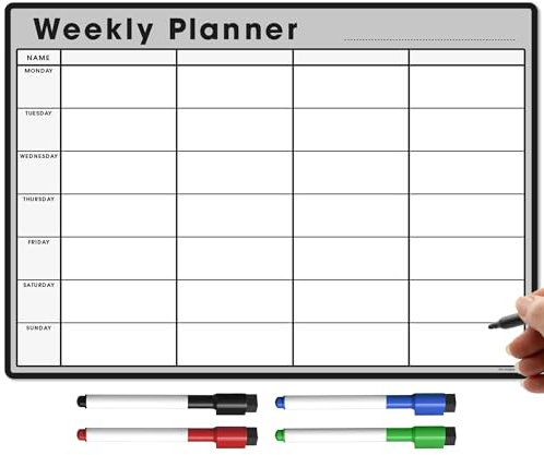 TMS Magnetic Weekly Planner and Organiser A4 | Fully Customisable Whiteboard for Family or Business Tasks and Meal Planning | with 4 Free Magnetic Dry Wipe Pen (Grey, A4)
