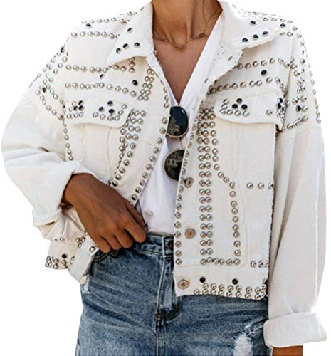 ORANDESIGNE Damen Jeans Jacke Übergangs Jacke Vintage Langhülse Lose Mädchen Jeans Mantel Jeansjacke mit Nieten Weiß M