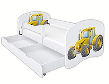 Clamaro 'Schlummerland' Kinderbett 70x140 (bis 150kg belastbar) mit Motiv, Rausfallschutz, Kantenschutz, Matratze, Lattenrost und Bettkasten auf Rollen | Jugendbett Weiß | Motiv: 10 Traktor Gelb