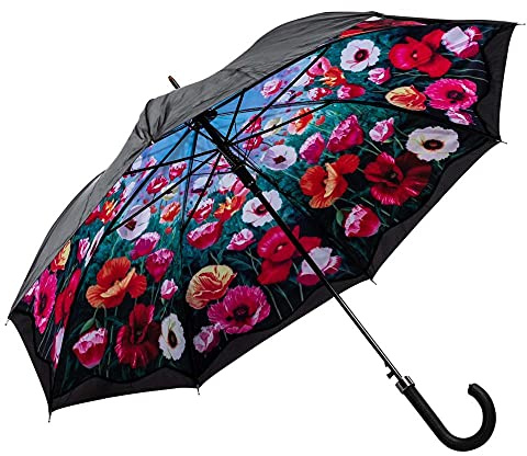 LUCKYWEATHER Regenschirm Stockschirm Damen Motiv Mohnblumen Auf-Automatik Double Layer I Stockregenschirm groß und stabil sowie hochwertig verarbeitet I Regenschirme mit UV-Schutz
