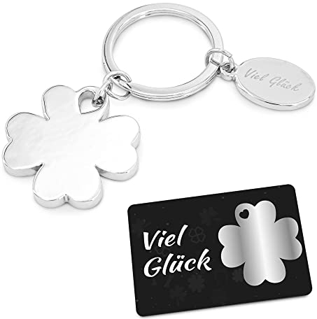 ZWEN Glücksbringer Schlüsselanhänger Kleeblatt + Viel Glück Geschenke Box + Glücksbringer Karte // Glücksbringer Prüfung, Auto, Abitur, neuer Job, Operation - Gute Besserung Geschenk (Silber)