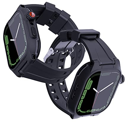 MRUOZRUI Custodia per Apple Watch impermeabile per iWatch Series 7 45 mm, protezione schermo incorporata, protezione per tutto il corpo, resistente agli urti, con cinturino in silicone morbido nero
