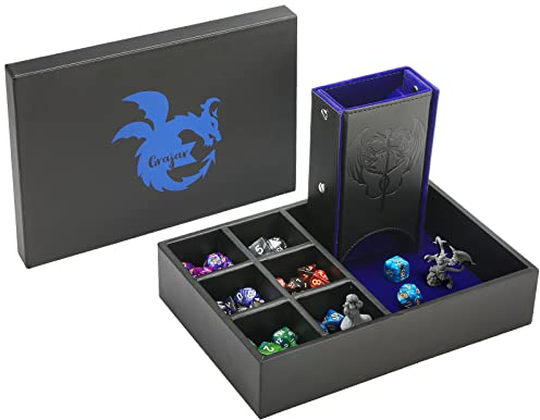 Grajar DND Würfeltablett und Würfelturm mit Aufbewahrung, 3-in-1-Würfelrolltablett mit Deckel, tragbare Würfelbox-Aufbewahrung, DND-Würfelhalter für Dungeons and Dragons D&D RPG MTG Tischspiele - Blau