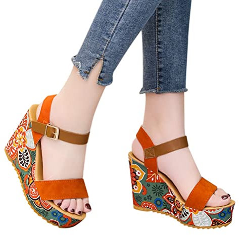 ORANDESIGNE Sandali da Donna Estate Casual Fiori Sandali Aperti con Plateau e Tacco a Zeppa Scarpe da Spiaggia Sandali Espadrillas Scarpe Estive Sandali con Cinturino L Arancia 37 EU