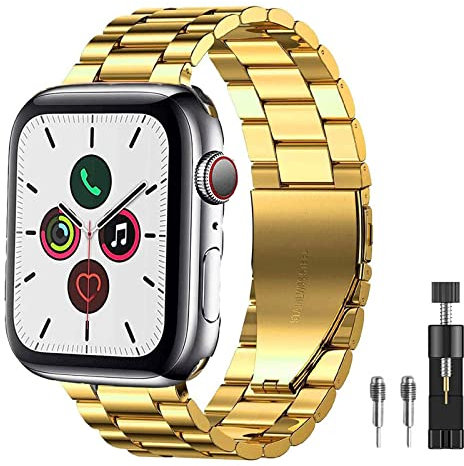 PUGO TOP Strap Compatible With Apple Watch Ultra 2/Ultra 49mm Series 9/8/7/6/SE/5/4/3/2/1, Stainless Steel Metal Business Replacement Band with Durable Folding Clasp for iWatch 42mm/44mm/45mm- Gold