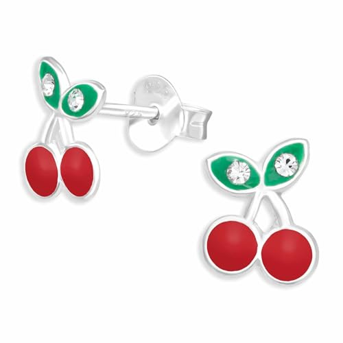 Monkimau Glitzer Kirschen Ohrstecker Ohrringe aus 925 Silber Schmuck Silberohrringe Medizinisch für Kinder Mädchen Damen Frauen