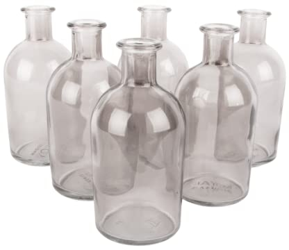 Koyal Wholesale Glass Bud Vases, Small Apothecary Bottles, Bulk Decorative Jars, Vintage Centerpieces for Wedding Reception, Mini Flower Vases, Small Medicine Bottles, Home Decor, Smoke Gray, Set of 6