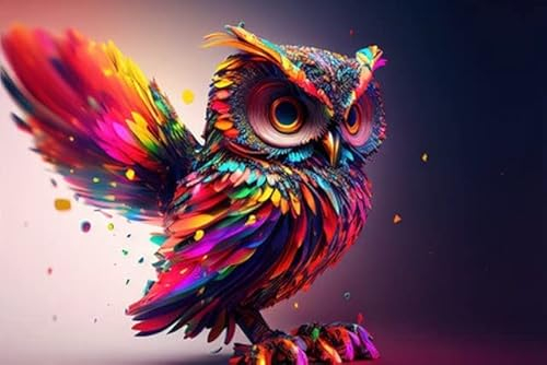 adrium Acryl-Bild 90 x 60 cm: 3D-Illustrationsporträt einer abstrakten Eule, die in Regenbogenfarben leuchtet, unendliche Turbulenzen, fluoreszierende rote (196507799)