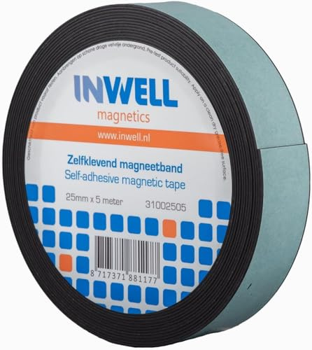 Inwell - Selbstklebendes Magnetband 25 mm auf Rolle - 5 meter | Starker Magnetkraft, Magnetstreifen, Magnetklebeband