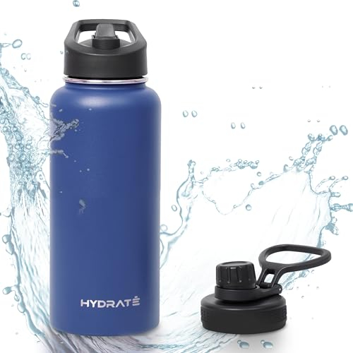 HYDRATE Flaschen Trinkflasche Edelstahl -1L Doppelwandig Isoliert - Zwei Deckel - Trink Und Strohhalmdeckel - Silikonkunststoff Wasserflasche - Trinkflasche Mit Strohhalm - Klassisch Blau - Set of 1