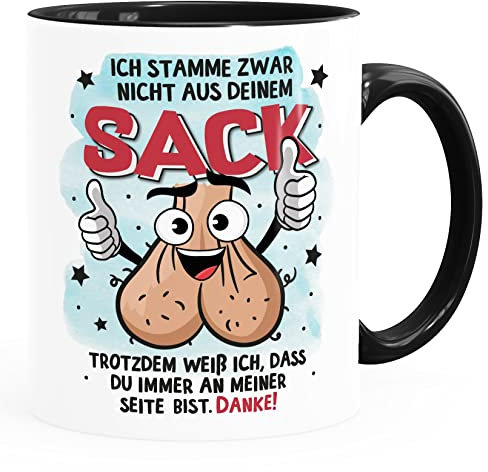Moonworks® Kaffee-Tasse Geschenk für Bonus-Papa zum Vatertag Spruch lustig Stiefvater Ich stamme zwar nicht aus deinem Sack weiß-innen-schwarz standard