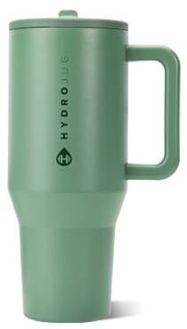 HydroJug Traveler - 40 oz Water Bottle with Handle & Flip Straw - Fits in Cup Holder, Leak Resistant Tumbler-Reusable Insulated Stainless Steel & Rubber Base - Gifts for Women & Men, Sage
