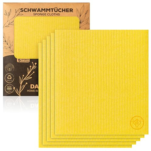 DANIHOME® Öko Spültücher 5er-Set: Abwaschlappen & Schwamm für Küche | 30% Baumwolle | Waschbar & Biologisch Abbaubar | Gelb | Saugstark für Auto, Garten | Spüllappen