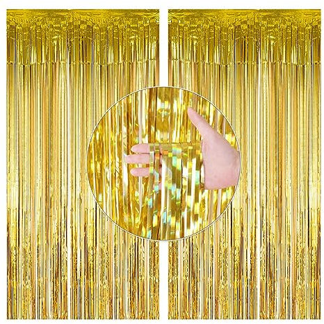 RISVOWO 2 Pièces Rideau Brillant Métallique, Doré Foil Fringe Rideau Tinsel, Rideau Frange Anniversaire, Rideau Frange, pour Mur Photographie Mariage Anniversaire Fête Noël Party(1 x 2m)
