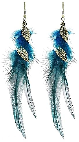 LODMLOER Böhmische Quasten-Lange Tropfen-Ohrhänger – Handgefertigte Bunte Fransen-Feder-Ohrhänger, Vintage-Natürliche Lange Feder-Quasten-Ohrringe Für Frauen Und Mädchen, Schmuck, Blau
