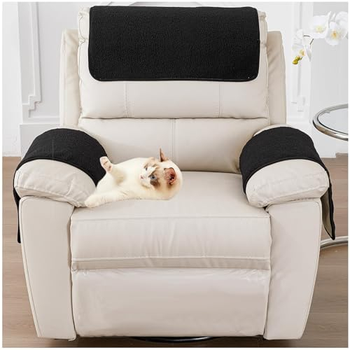 YIJOY Armlehnenbezüge,Armlehnenschoner Lamm Samt Ruhesessel Bezug mit Taschen rutschfest Sesselschoner für Fernsehsessel Abnehmbarer Waschbar,Schwarz-1 Sitzer (3 StüCk)