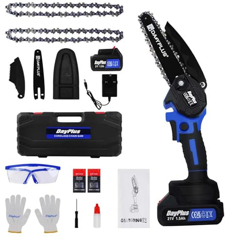Mini Chainsaw Cordless 6 Inch, Electric Chainsaw, Chain Saws for Cutting Trees Branch Trimming Gardening, Hand Chainsaw with Battery and Charger, 2 Chainsaw Chains, Security Lock, Oiler System