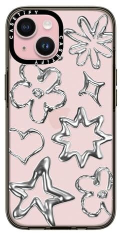 CASETiFY Kompakte Hülle für iPhone 15, 2 x militärtauglich, Sturzschutz aus 1,5 m Höhe, Chrome Doodles, durchsichtig, Schwarz