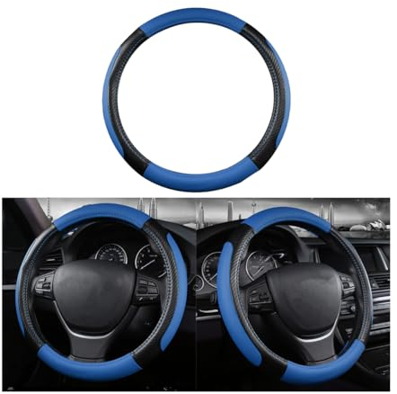 JNNJ Lenkradbezug Auto, Mikrofaser-Leder-Lenkradabdeckung, Sport Anti Rutsch Universal Lenkradbezug, Lenkrad Abdeckung Echtes Leder Breathable Anti Slip(Schwarz+Blau)
