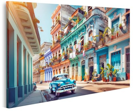 islandburner Prime Bild auf Leinwand Bunte Straße mit alten Gebäuden und einem blauen Oldtimer in tropischer Stadt wie Cuba Bilder Wandbilder Poster