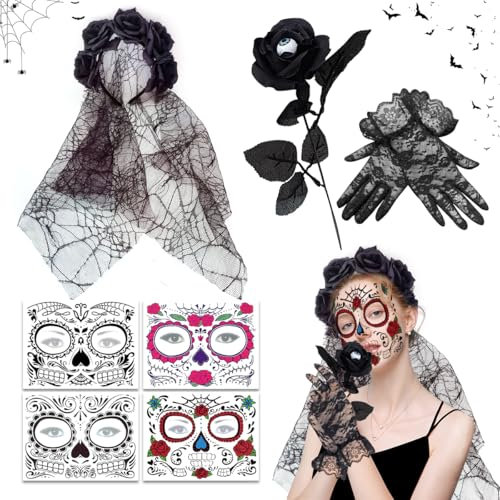 Cerchietto Giorno dei Morti Con Rose, Tatuaggi Temporanei, Guanto in Pizzo Nero e Velo Della Morte - Costume Halloween per Donna Cosplay