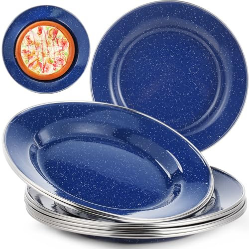 Sawysine 8 Pcs Enameled Camping Plates 10 Inch Round Enamel Dishes Enamelware Dining Tableware Set for Camping Essentials Backpacking Fishing BBQ Farmhouse Picnics Dinner Serving(Blue)