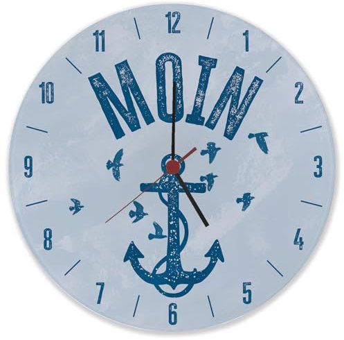 speecheese Moin Anker Wanduhr aus Glas Uhr mit norddeutschem Gruß und Ankermotiv in Blau plattdeutsch als lustige Deko für Hamburger oder norddeutsche