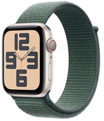 Apple Watch SE (2nd Gen) GPS+Cellular 44mm Smartwatch with Starlight Aluminium Case with Lake Green Sport Loop - One Size. Fitness & Sleep Trackers, Crash Detection, Heart Rate Monitor, Carbon Neutral