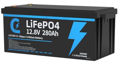 Batterie Lithium 12V 280Ah, Batterie LiFePO4 Rechargeable avec BMS 200A, 8000 Cycles, pour Camping Car, Système Off-Grid, Camping-Car, Bateau, Système Solaire, Masion