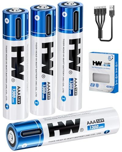 HW Rechargeable AAA Lithium Batteries 4-Pack, 1.5V 1300mWh USB-C