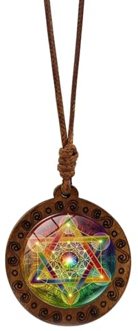 LUCKGONI Elegante Holz-Halskette mit Metatronwürfel, heilige Geometrie, Hexagramm und Sri Yantra-Amulett, verstellbare Länge, Choker