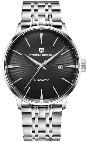 Pagani Design PD2770 Fashion Herren Automatik Mechanische Uhr Edelstahl Wasserdicht Lederband Einfache Business Sport Armbanduhren, Schwarzer Stahl, Armband