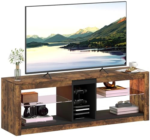 HOMCOM Mueble TV con luces LED y mando a distancia, mueble de TV de madera, banco de TV de hasta 65 pulgadas con estantes y compartimentos abiertos, para salón, dormitorio, 140 x 35 x 47 cm, color