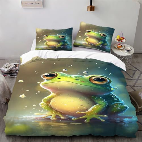 Zbeiba Bettwäsche 135x200cm Set 3 Teilige,Kinder Junge Mädchen Bettbezug mit Reißverschluss+2 Kissenbezug,Frösche Motiv（135x200+2 * 80x80,Sti2）
