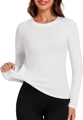 Harlamvar Women's Thermal Long Sleeve Underwear Shirt Ladies Warm Wicking Soft Tops Round Neck Base Layer Tops White