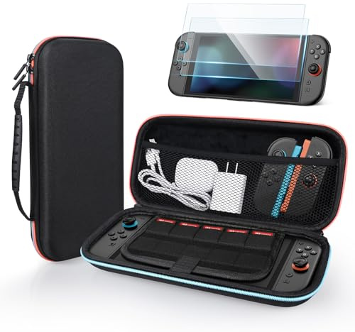 MMOBIEL Tragetasche für Nintendo Switch 2 Kompakte, Stabile Reisehülle mit 10 Spielkartenfächern, Netzfach & 2 Displayschutzfolien – Schutzcase für Konsole & Zubehör – Schwarz